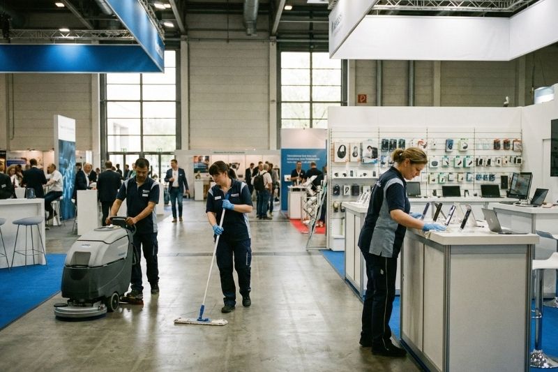 ¿Cómo se realiza la limpieza de stands y pasillos en ferias para asegurar imagen, seguridad y ventas?